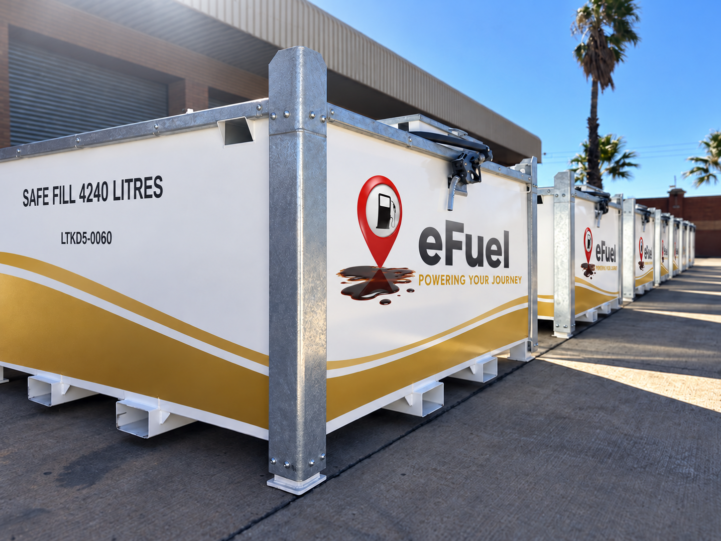 Row of eFuel-branded bunded cube tanks at a depot