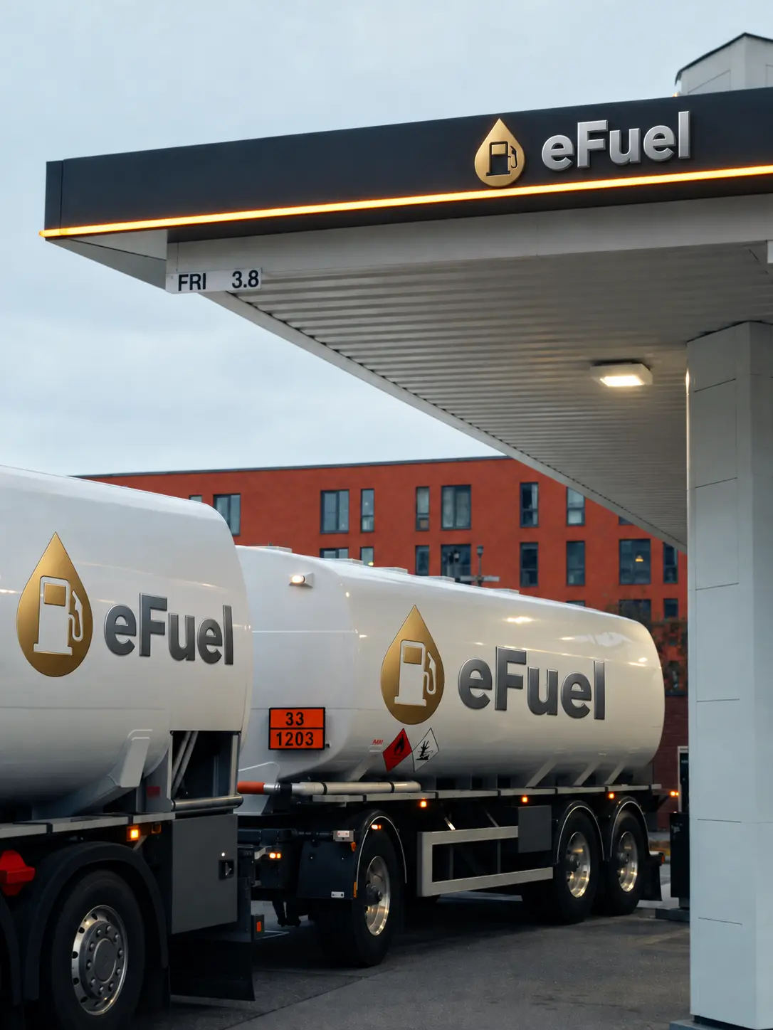 eFuel-branded tankers at a fuel station canopy